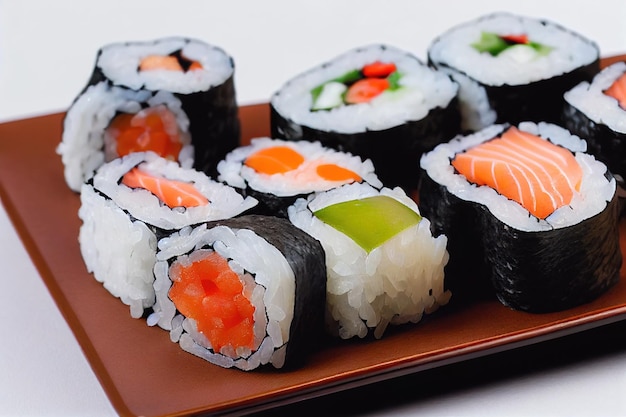 Rollos con pescado en bandeja en un delicioso set de sushi