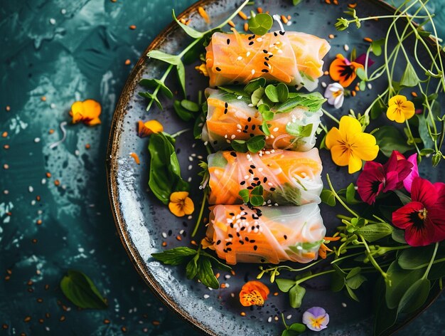 Rollos de primavera hechos de papel de arroz decorados con verduras y flores en un plato de cerámica cocina asiática