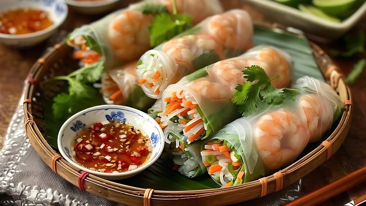 Los rollos de primavera con salsa de inmersión se colocan en la mesa del comedor