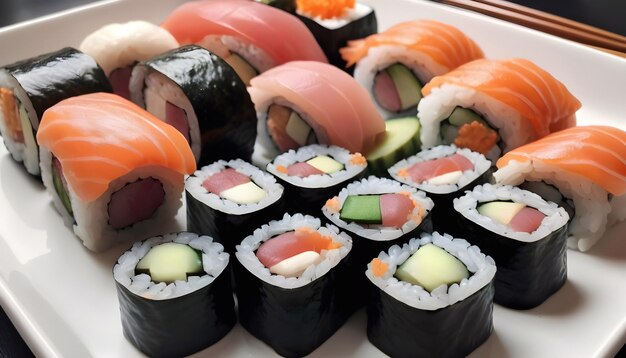 rollos de sushi en una bandeja con otros sushi