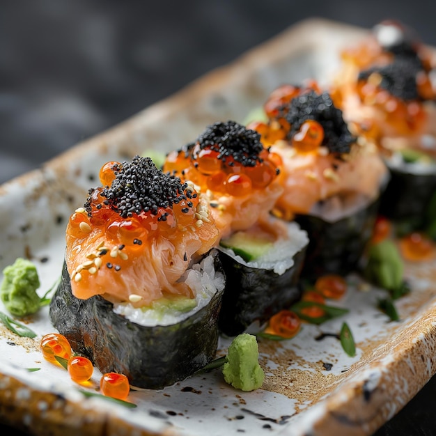 Rollos de sushi con caviar encima