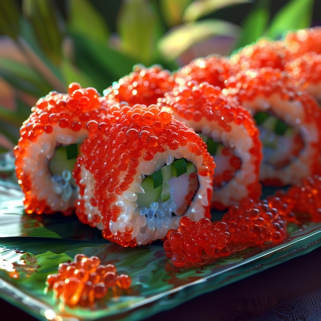 Los rollos de sushi de caviar rojo, el sushi tradicional japonés de caviar Susi, el conjunto de sushi Copy Space