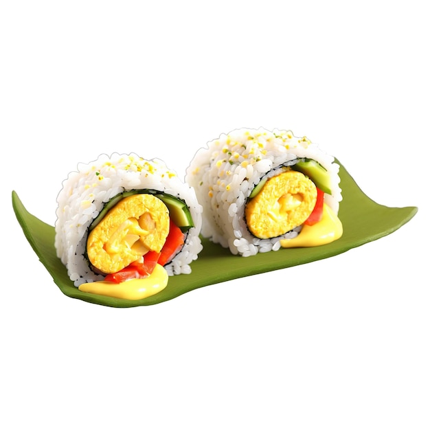 Rollos de sushi para el desayuno con arroz de sushi envueltos en huevos revueltos, salchichas y pimientos cortados