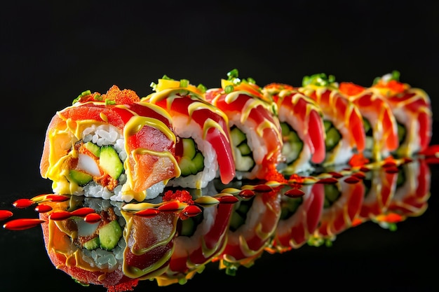 Rollos de sushi en fondo oscuro Rolos de sushi frescos y sabrosos Cocina japonesa Plato tradicional y delicioso japonés Rolos de Sushi