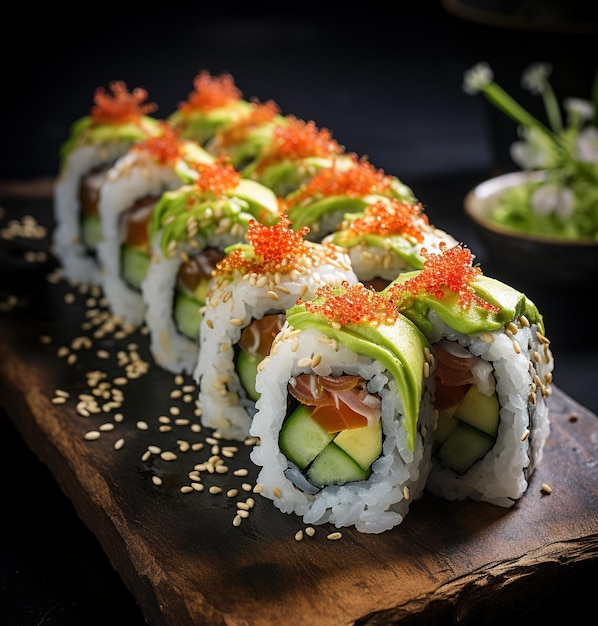 Los rollos de sushi gourmet se presentan elegantemente en una tabla de madera en un estilo rústico