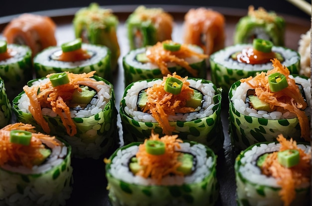 Rollos de sushi con guarnición de puré frito y crujiente