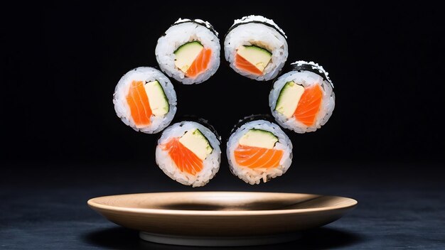 Foto rollos de sushi japoneses levitantes hechos de arroz de algas nori, salmón crudo, queso con crema y pepino