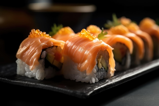 Rollos de sushi japoneses servidos en un estilo sofisticado generado por IA