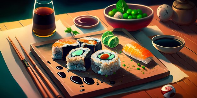 Rollos de sushi japoneses tradicionales con salsa de soja y wasabi IA generativa