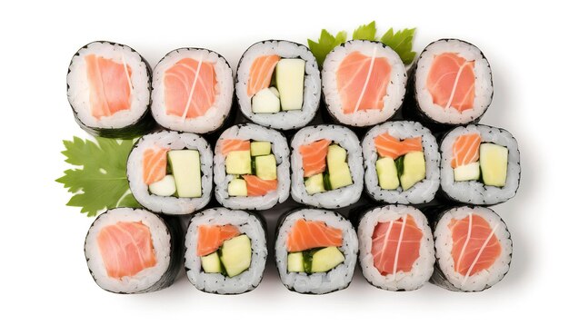 Rollos de sushi Maki con salmón y atún aislados sobre fondo blanco