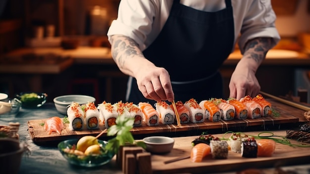 rollos de sushi en manos de un chef IA generativa