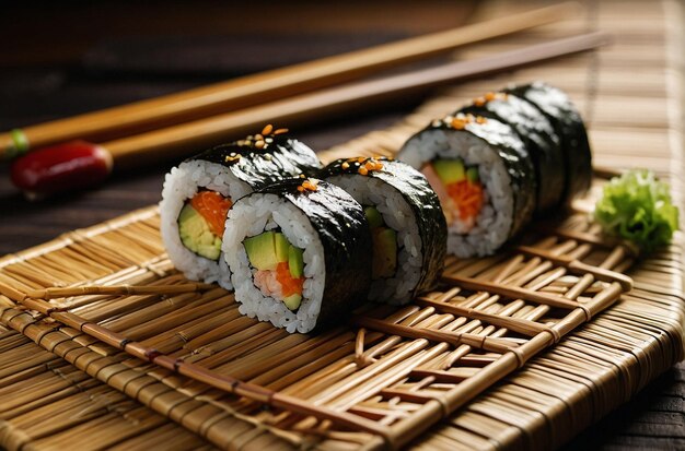 Foto rollos de sushi con palillos apoyados en un bambú