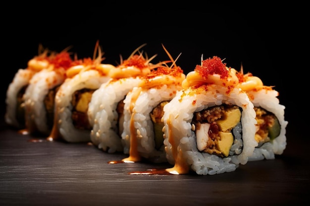 rollos de sushi con un pedazo de sushi en una mesa