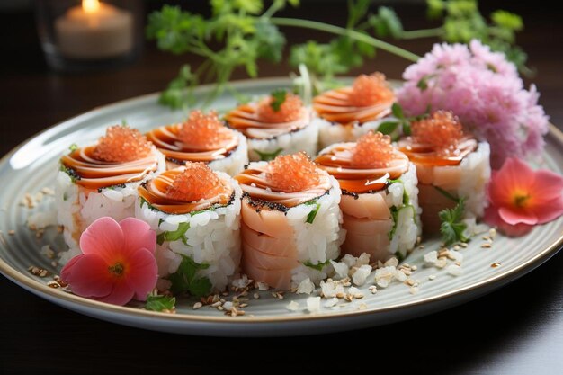 Foto rollos de sushi con ráfago en rodajas