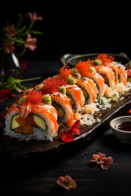 Rollos de sushi de salmón con caviar rojo IA generativa