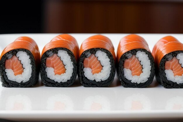 Foto rollos de sushi con salmón, pescado, pepino, aguacate, tempura, camarón y queso crema aislado en blanco