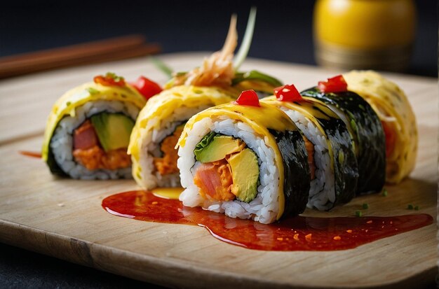 Rollos de sushi servidos con tortilla al estilo japonés