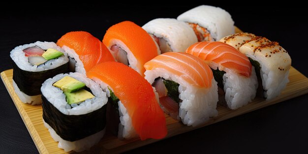 Foto los rollos de sushi en la tabla de cortar