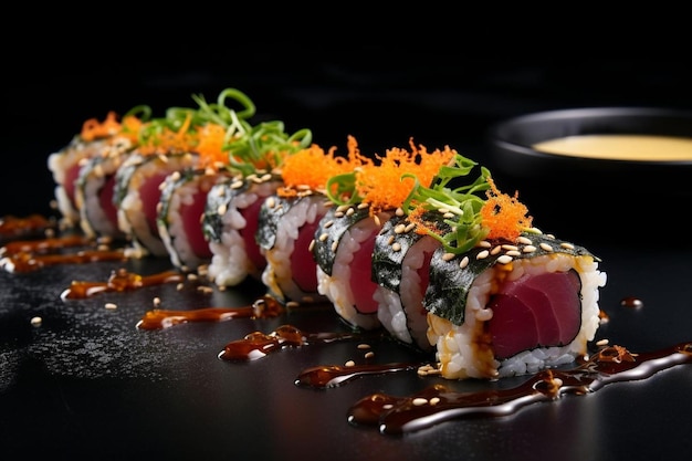 rollos de sushi con un tazón de arroz y un tazó de arroz