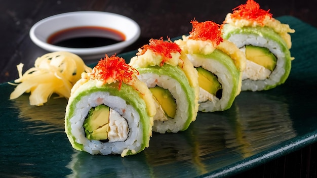 Rollos de sushi con tempura de aguacate cubierto de tobiko rojo