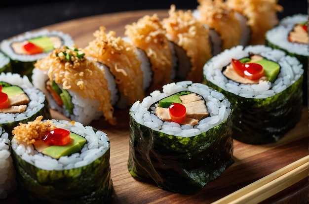 Los rollos de sushi con Tempura Shiitake de setas crujientes