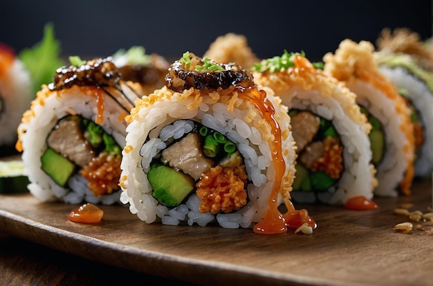 Los rollos de sushi con Tempura Shiitake de setas crujientes