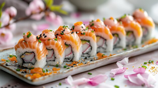 Foto rollos de sushi uramaki japoneses con salmón