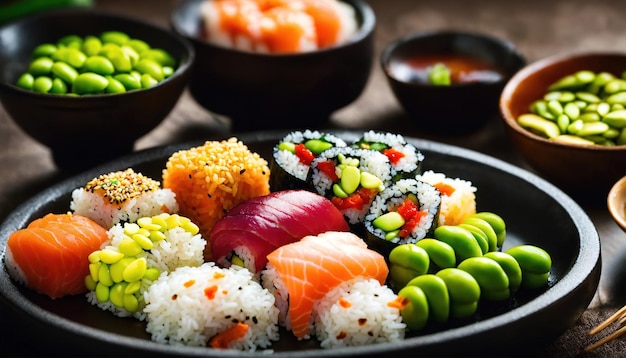 Rollos de sushi con wasabi y salsa de soja en un plato generativo