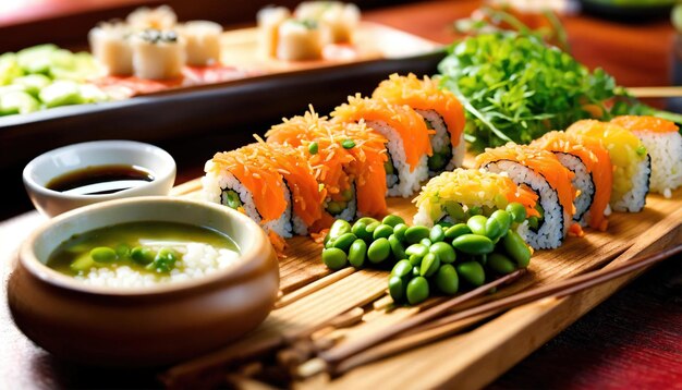 Foto rollos de sushi con wasabi y salsa de soja en un plato generativo