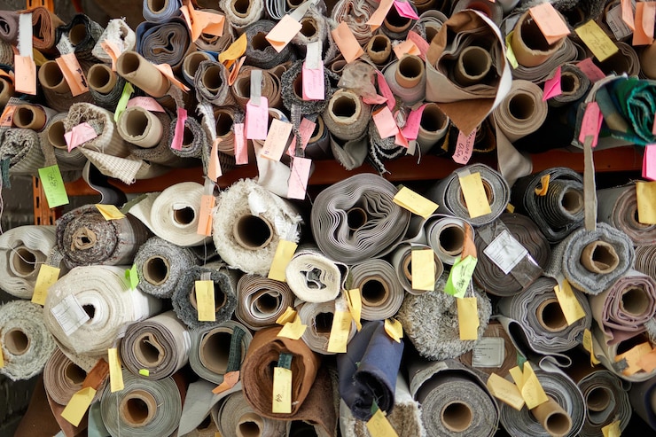 Foto rollos de tela de tapicería para muebles con etiquetas de diferentes colores y texturas
