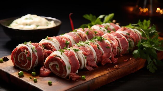 Rollos de tocino con cebollas y perejil en una tabla de madera