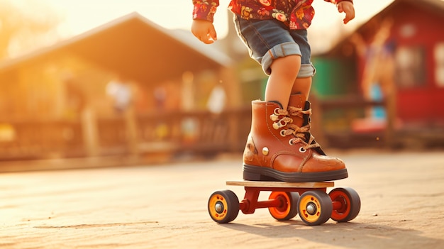 Rollschuhlaufendes Kind, das draußen mit Weinlese spielt