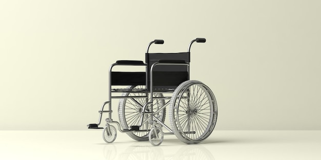Rollstuhl isoliert auf hellgelbem Wand- und Bodenhintergrund leerer Raum 3D-Darstellung