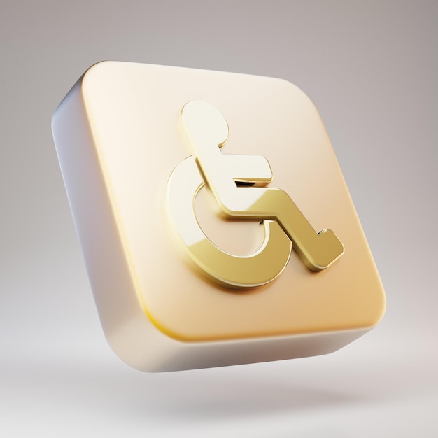 Rollstuhl-Symbol. Goldenes Rollstuhlsymbol auf mattgoldener Platte. 3D-gerendertes Social Media-Symbol.