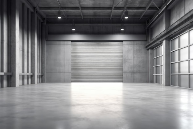 Rolltür oder Rollläden für Fabriklager oder Hangar Das Innere eines Industriegebäudes besteht aus poliertem Betonboden Generative KI