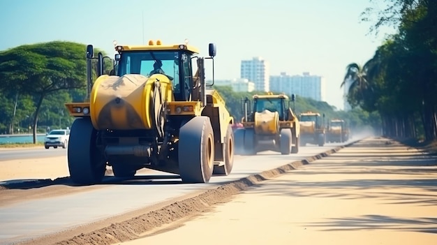 Rolo compacta solo em aterro na construção da estrada consolidação de areia na construção de estradas Compactador dirigindo em areia marcas de roda na areia trabalho duro transporte de areia por caminhões