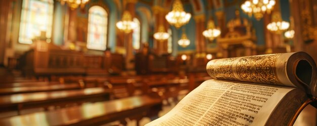 Foto rolo da torá judaica foco em um rolo da torah sendo lido em uma sinagoga com decoração ornamentada fundo espaço vazio centro para o texto