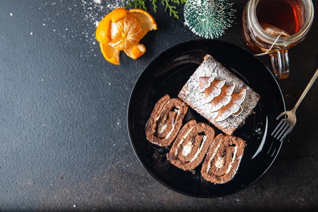 Rolo de bolo de natal, chocolate, ano novo, refeição, doce, sobremesa, cópia, espaço, comida, fundo, rústico