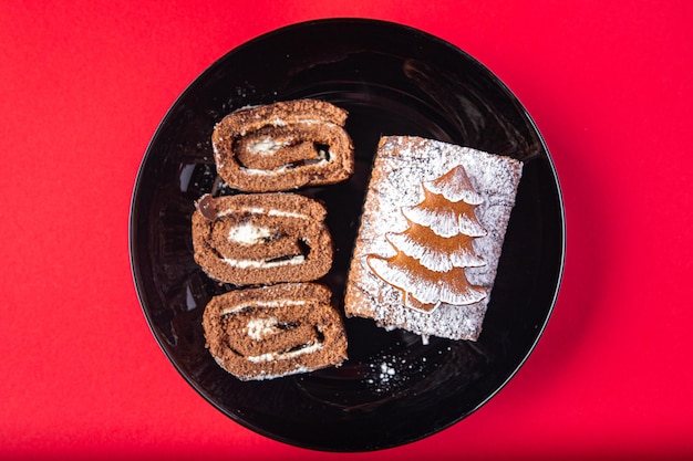 Rolo de bolo de natal, chocolate, ano novo, refeição, doce, sobremesa, cópia, espaço, comida, fundo, rústico