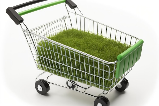 Rolo de grama artificial em um fundo branco de carrinho de compras