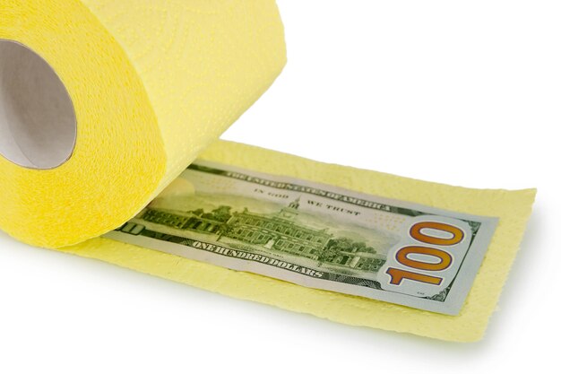 Rolo de papel higiênico amarelo claro e notas de euro isoladas em branco