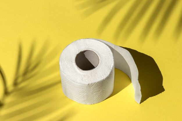 Rolo de papel higiênico branco isolado em um fundo amarelo sob a sombra de uma palmeira