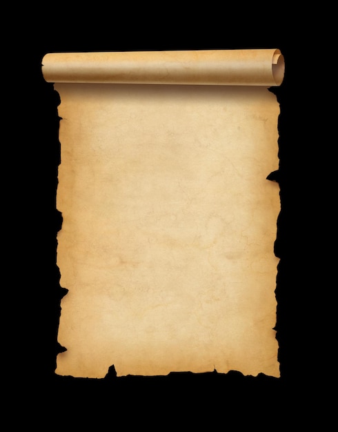 Rolo de pergaminho de folha de papel medieval antigo isolado em fundo preto