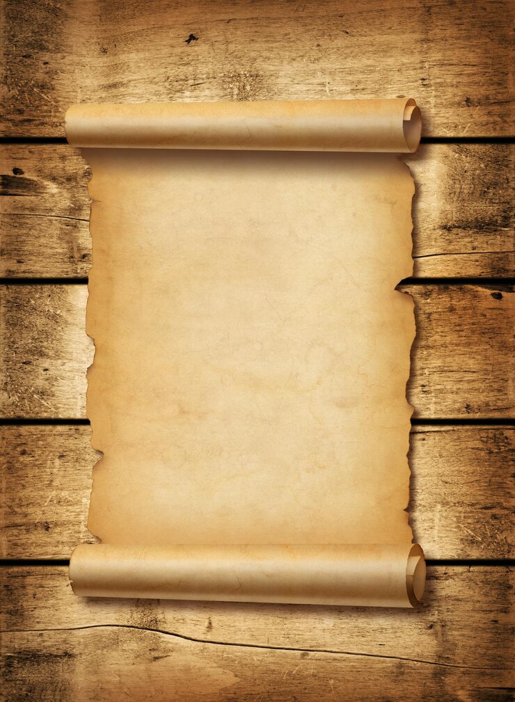 Foto rolo de pergaminho de folha de papel medieval velho em uma placa de madeira