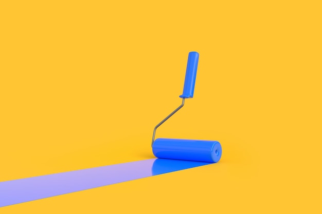 Rolo de pintura azul com trilha colorida sobre fundo amarelo Renovação de casa ou modelo de pintura 3D