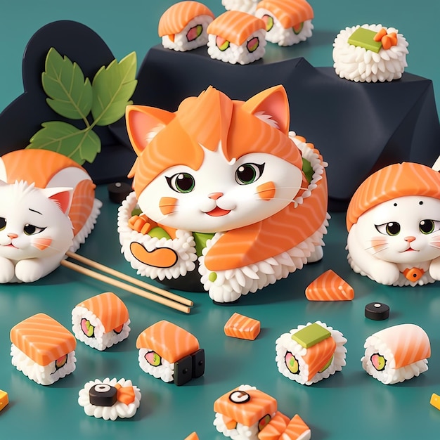 Rolo de salmão de sushi de gato bonito com bastão de comer ilustração de ícone vetorial de desenho animado comida animal isolada plana