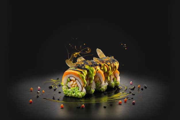 Rolo de sushi com gengibre e wasabi em um fundo escuro