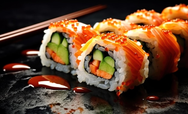 Rolo de sushi com pauzinhos em fundo escuro