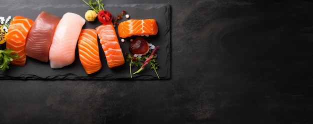Foto rolo de sushi com salmão em ardósia de pedra preta frutos do mar generative ai
