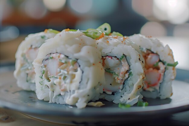 Foto rolo de sushi de caranguejo e camarão